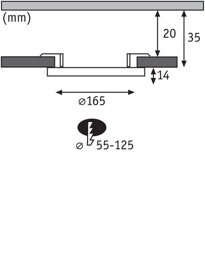 Technical drawing of recessed spotlight cross-section with 165 mm diameter and 35 mm installation depth