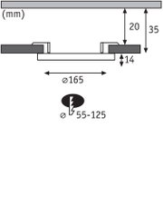 Technical drawing of recessed spotlight cross-section with 165 mm diameter and 35 mm installation depth