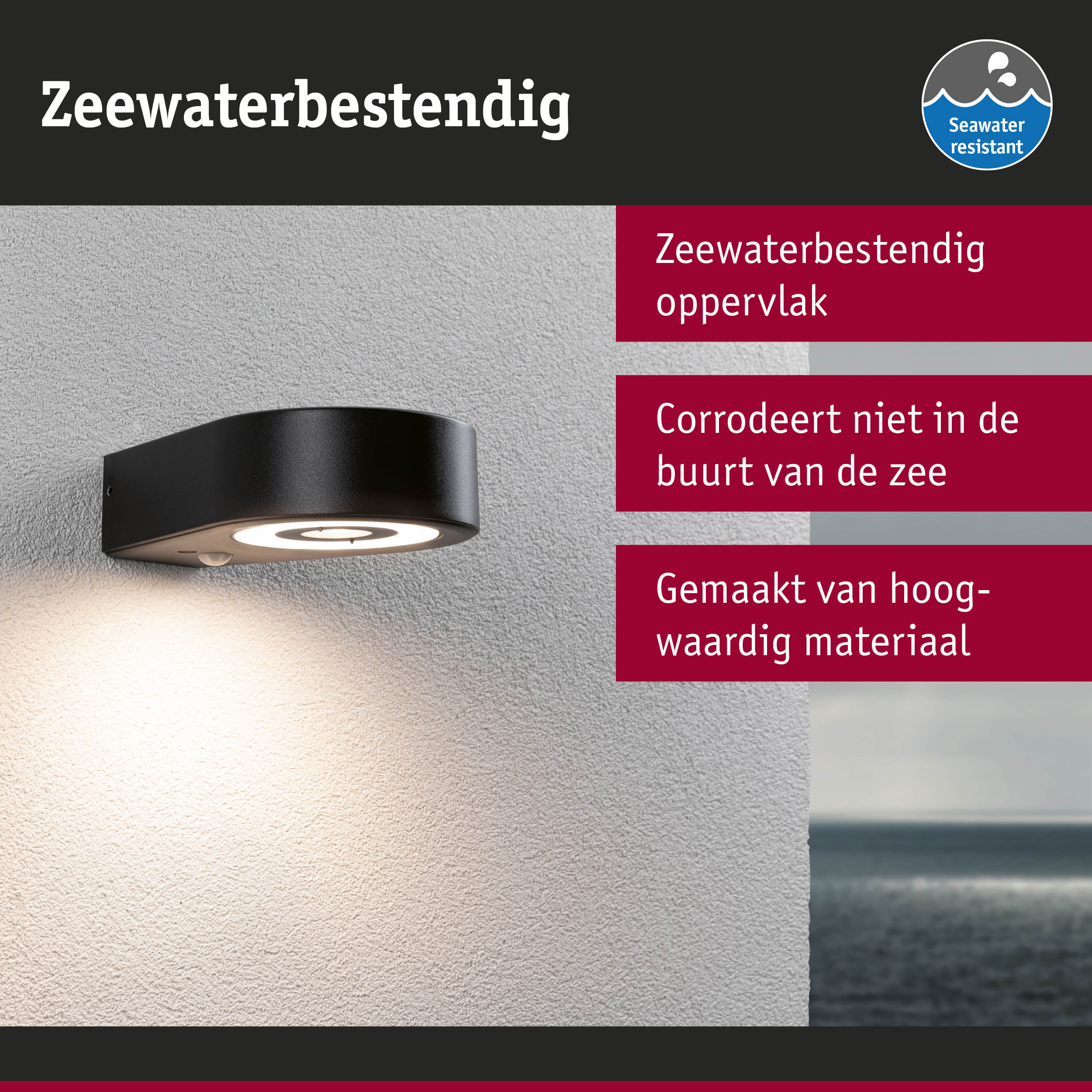 Zwarte wandlamp met zeewaterbestendig materiaal en moderne LED-verlichting voor buitengebruik