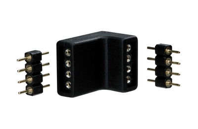 Zwarte kunststof hoekconnector met metalen pinnen voor LED-lichtstrips, elektrisch aansluitingsdeel.