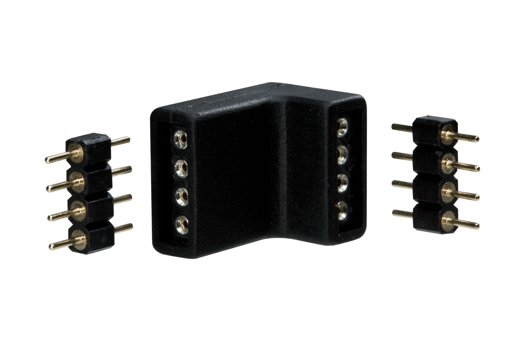 Black plastic right-angle connector with metal pins for LED light strips, electrical connection part.