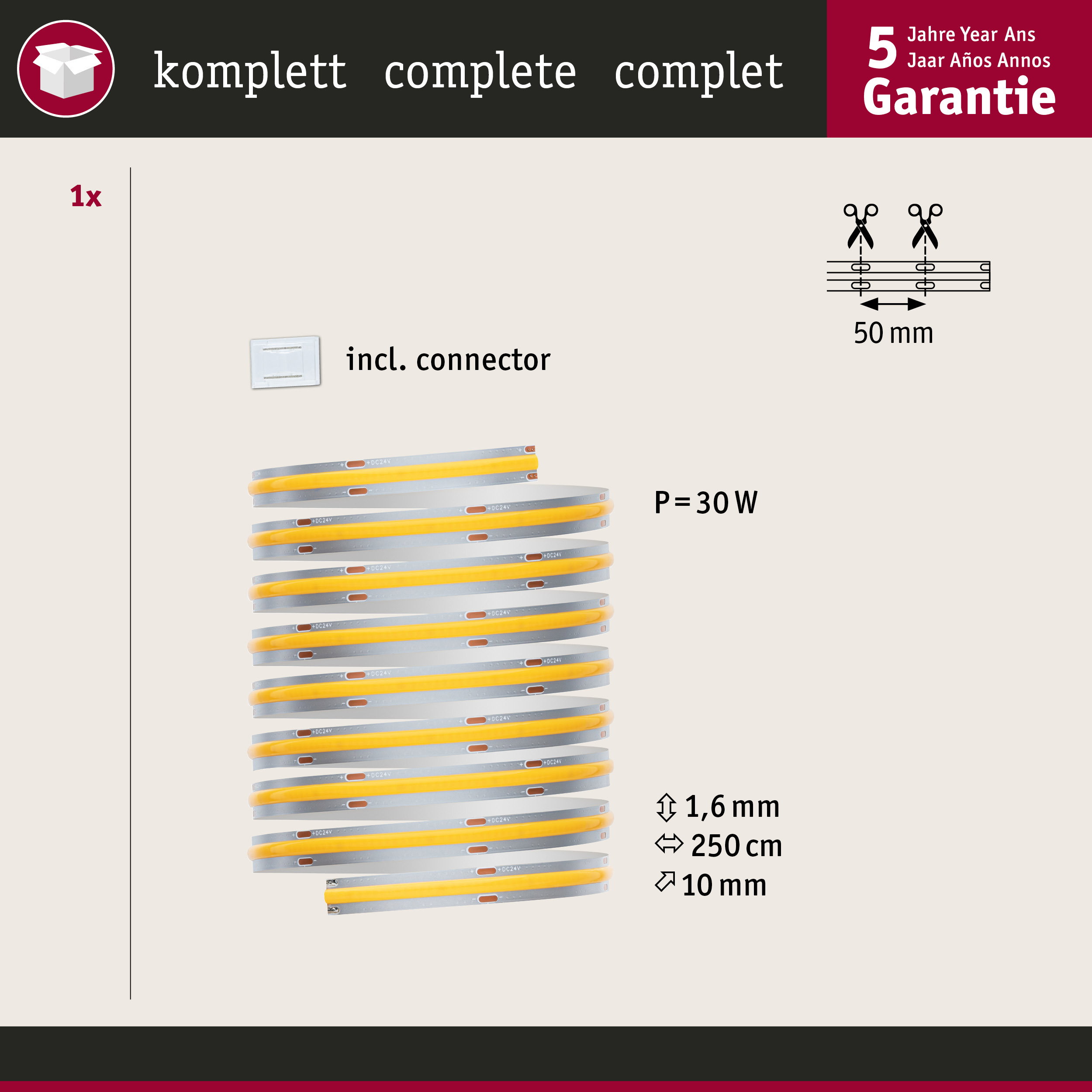 LED-Lichtband in Gelb mit 30W Leistung, 250 cm Länge und 5 Jahre Garantie inklusive Verbinder