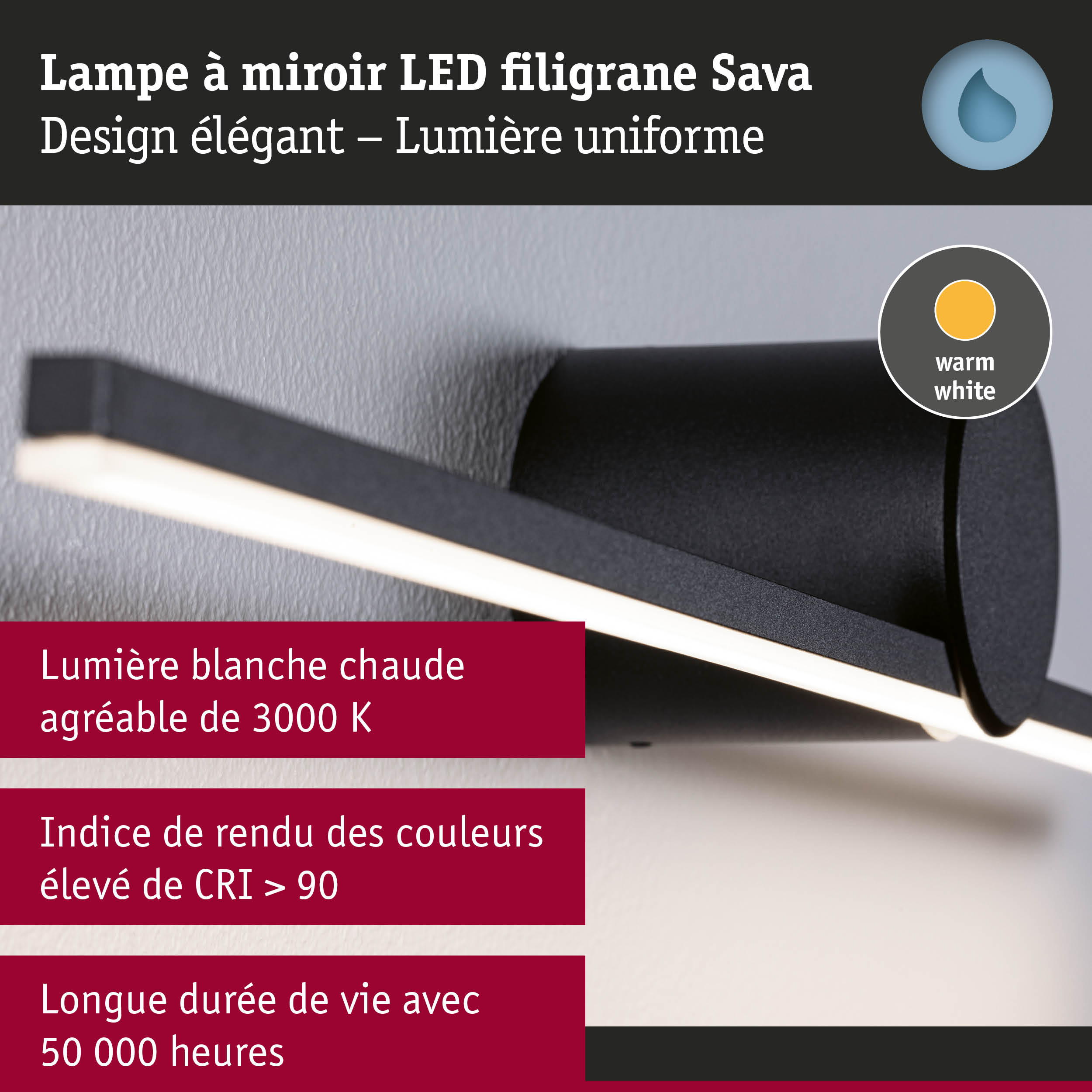 Lampe LED miroir noire Sava avec lumière blanc chaud et indice de rendu des couleurs CRI > 90