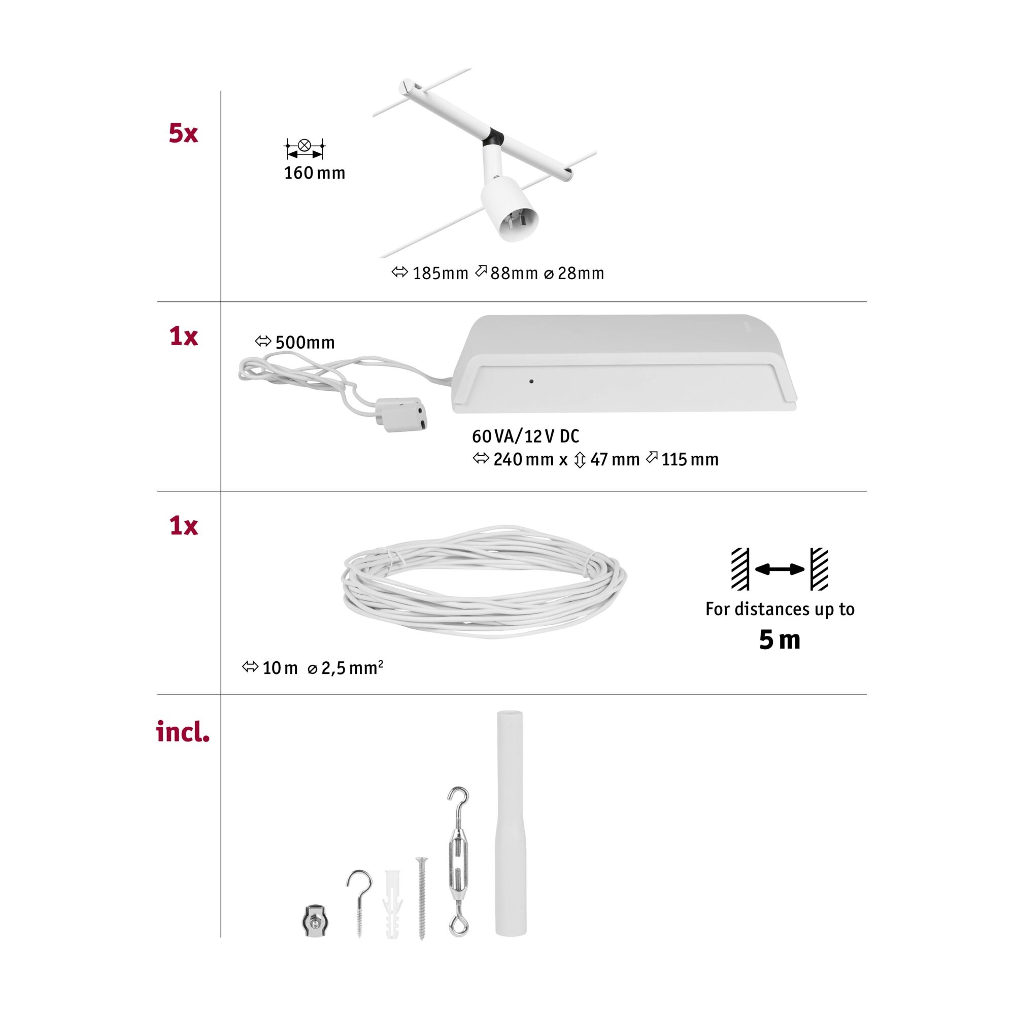 White LED track system with 5 lights, transformer and 10m cable for versatile lighting setups