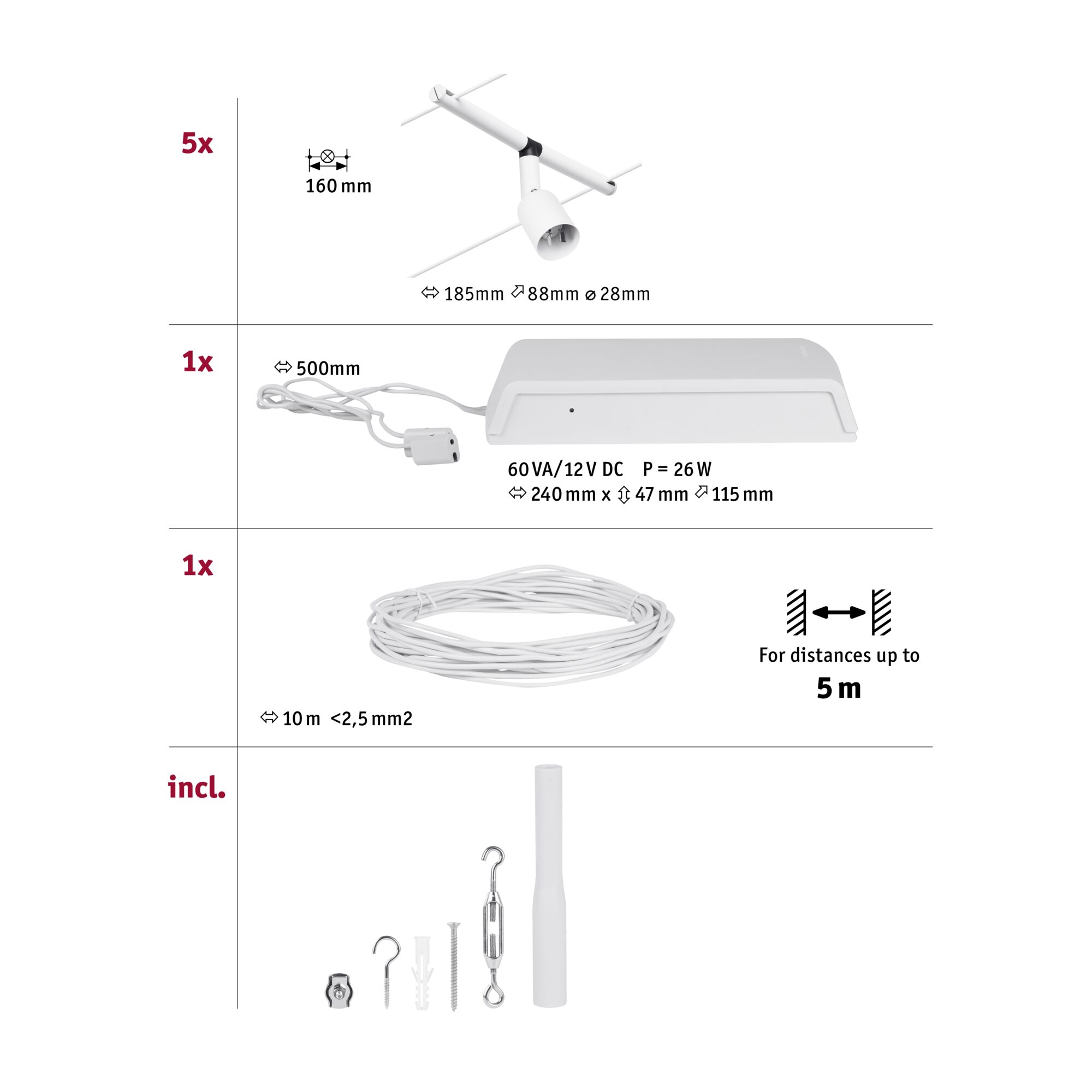 White LED spotlight 160 mm with 12 V DC power supply, including cable and mounting accessories
