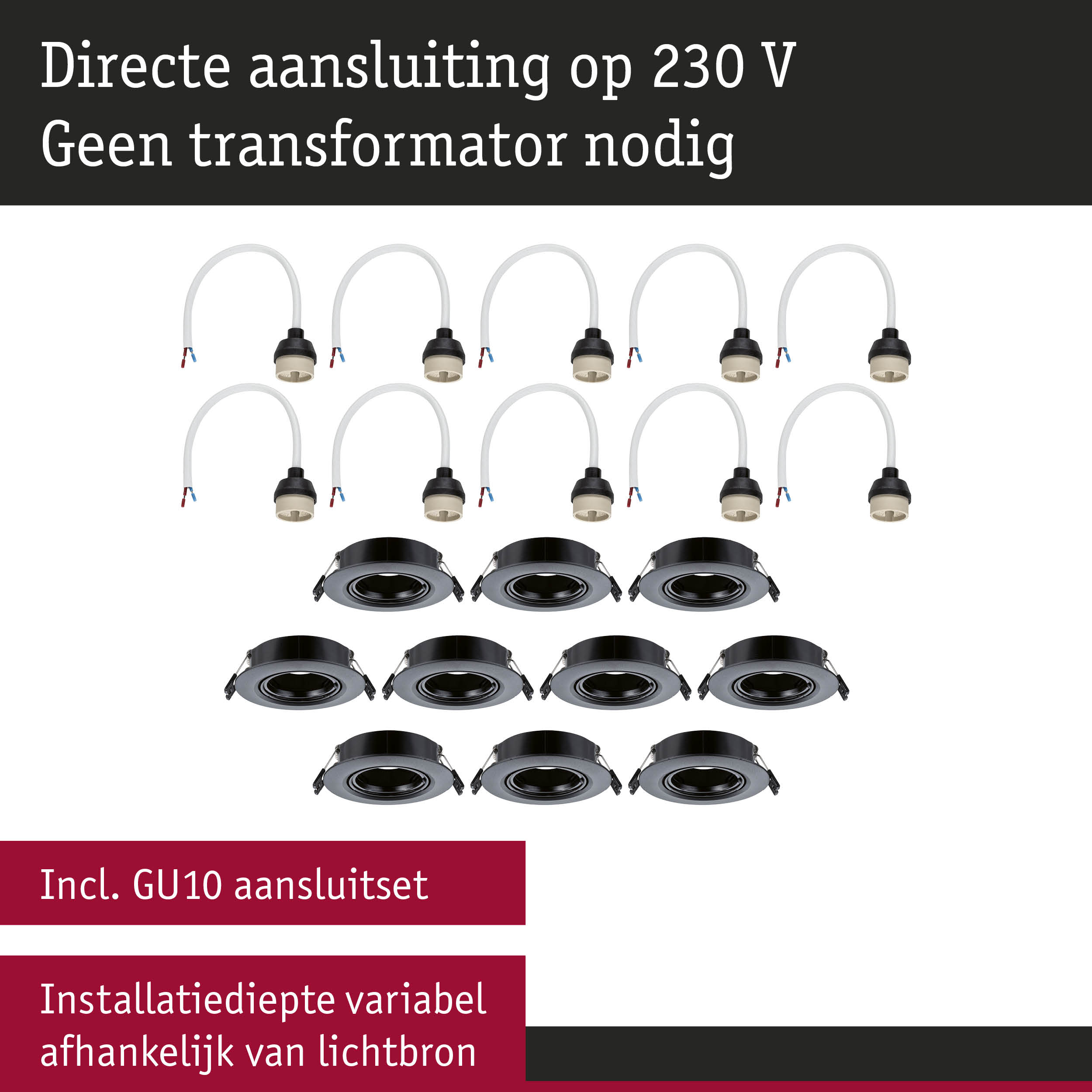 Zwarte inbouwspots met GU10 fitting en wit aansluitkabel voor 230 V zonder transformator