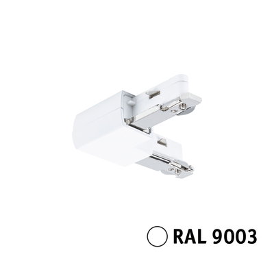 White RAL 9003 LED track connector made of plastic and metal for versatile lighting systems
