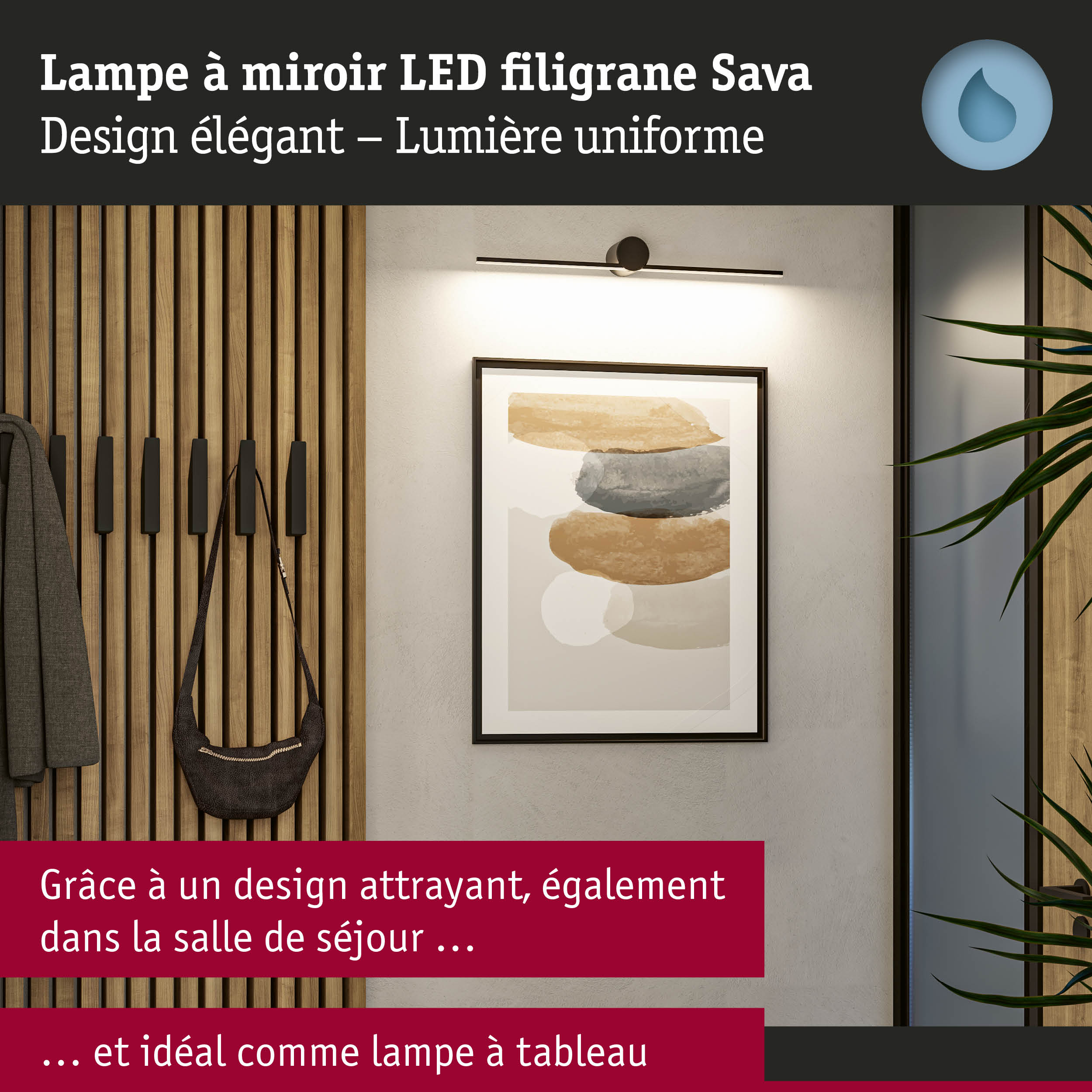 Lampe à miroir LED filigrane Sava noire avec lumière uniforme, parfaite pour salon et éclairage tableau