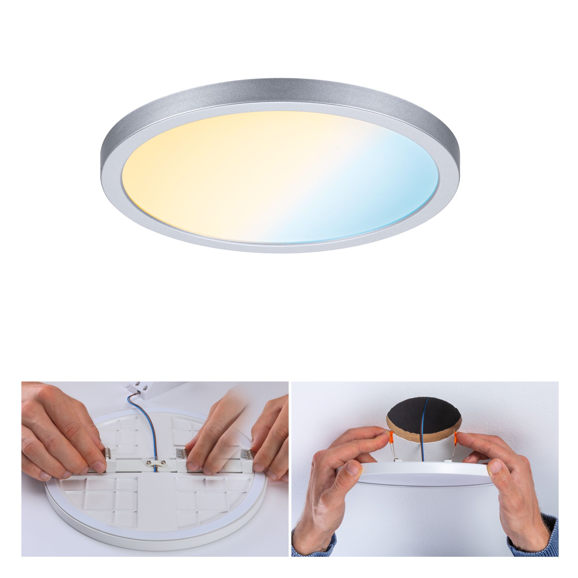 Round LED ceiling light with silver frame and warm to cool white color change, installation steps shown