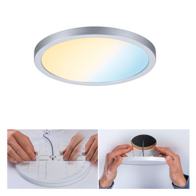 Round LED ceiling light with silver frame and warm to cool white color change, installation steps shown