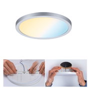 Plafonnier LED rond avec cadre argenté et changement de couleur blanc chaud à froid, étapes de montage visibles