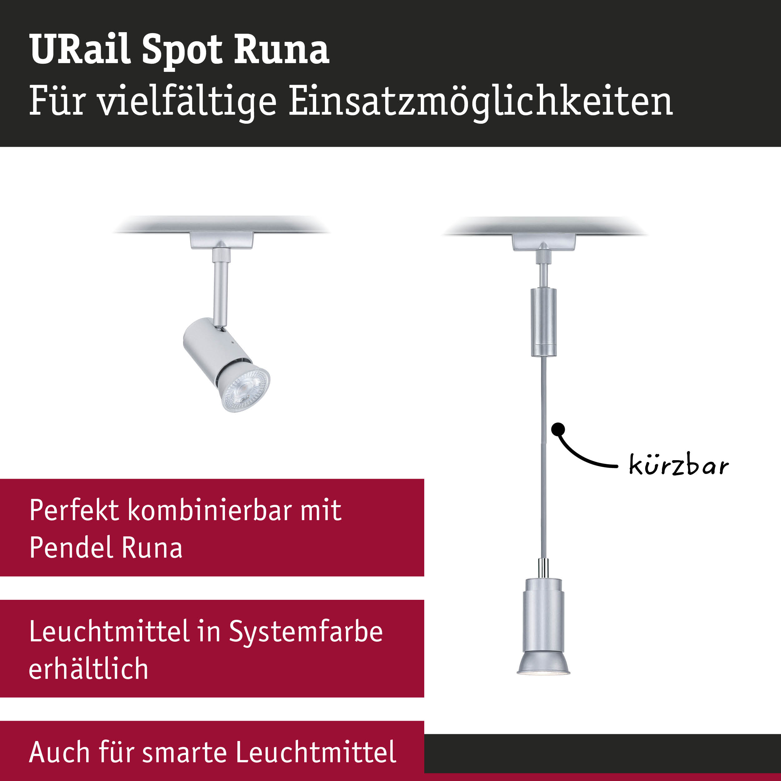 URail Spot Runa in silberner Metalloptik, vielseitiger LED-Strahler für Schienensysteme