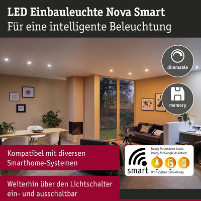 LED Einbauleuchte Nova Smart in Weiß für smarte, dimmbare Wohnraumbeleuchtung mit Sprachsteuerung.