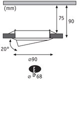 Technical drawing of a round recessed spotlight with 90 mm diameter and 20-degree tilt angle.