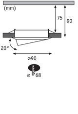 Technische Zeichnung eines runden Einbaustrahler mit 90 mm Durchmesser und 20 Grad Neigung.