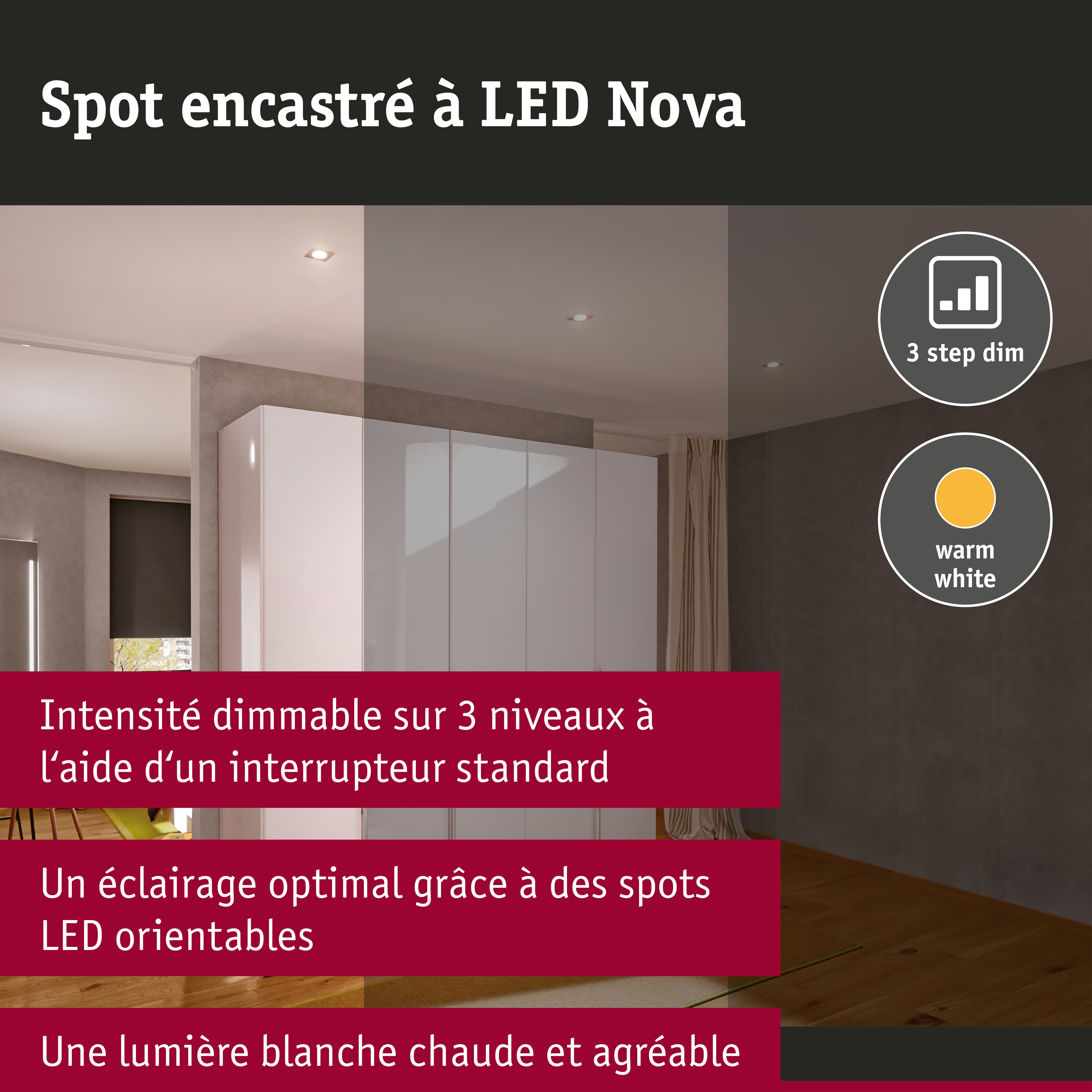 Spot encastré LED 3-Step-Dim Nova Coin Kit de base orientable carré 84x84mm 50° Coin 3x6W 3x470lm 230V gradable 2700K Alu tourné