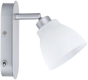 Wall spotlight with matte silver metal body and white glass shade for modern indoor lighting