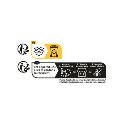 Instructions pour le recyclage des appareils, piles et cordons avec symboles de collecte.