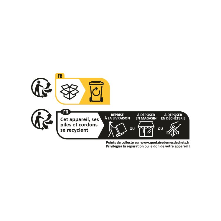Instructions pour le recyclage des appareils, piles et cordons avec symboles de collecte.