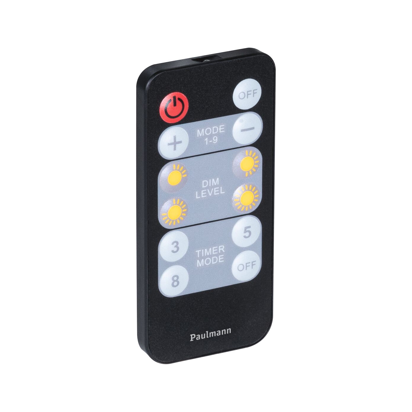Black Paulmann remote control with buttons for dimming, timer, and modes for light control