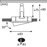 Technische tekening van inbouwspot met 93 mm diameter en 30 graden kanteling, afmetingen in mm.