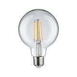 Klassische LED-Glühbirne mit transparentem Glas und sichtbaren gelben Filamenten für energiesparende Beleuchtung