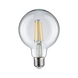 Klassische LED-Glühbirne mit transparentem Glas und sichtbaren gelben Filamenten für energiesparende Beleuchtung