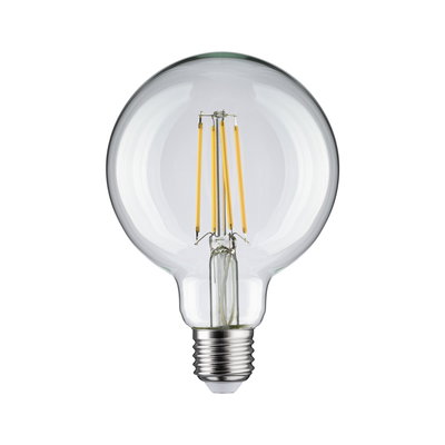 Classic LED bulb with clear glass and visible yellow filaments for energy-efficient lighting solutions