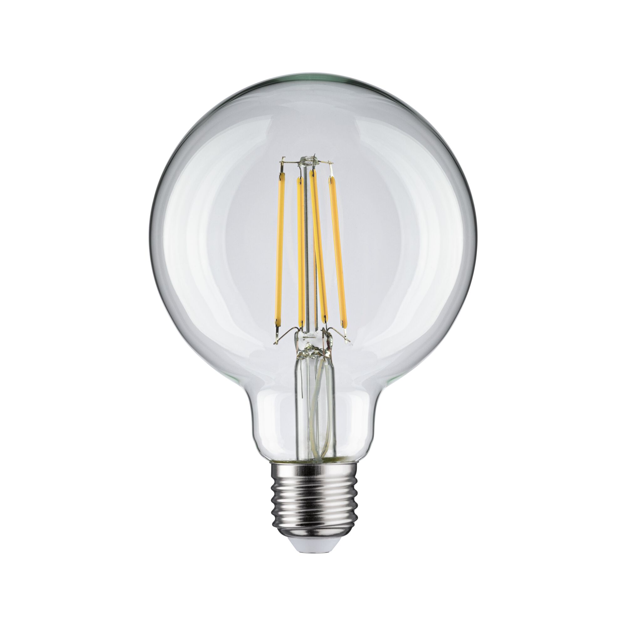 Classic LED bulb with clear glass and visible yellow filaments for energy-efficient lighting solutions