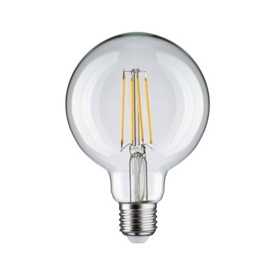 Klassische LED-Glühbirne mit transparentem Glas und sichtbaren gelben Filamenten für energiesparende Beleuchtung