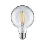 Classic LED bulb with clear glass and visible yellow filaments for energy-efficient lighting solutions