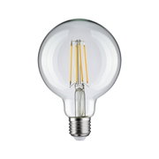 Classic LED bulb with clear glass and visible yellow filaments for energy-efficient lighting solutions