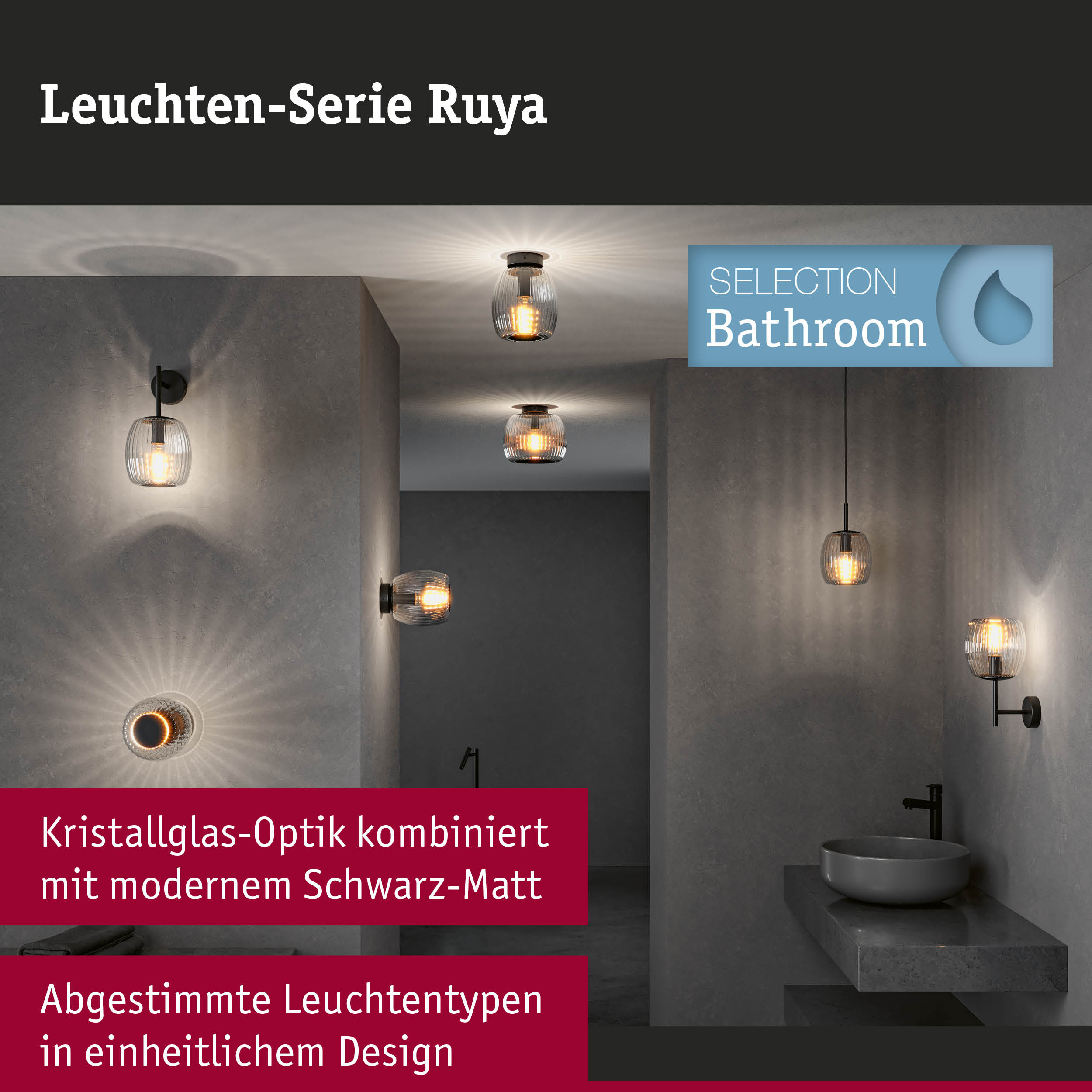 Ruya Leuchtenserie mit Kristallglas-Optik und mattschwarzem Design für stilvolle Badezimmerbeleuchtung