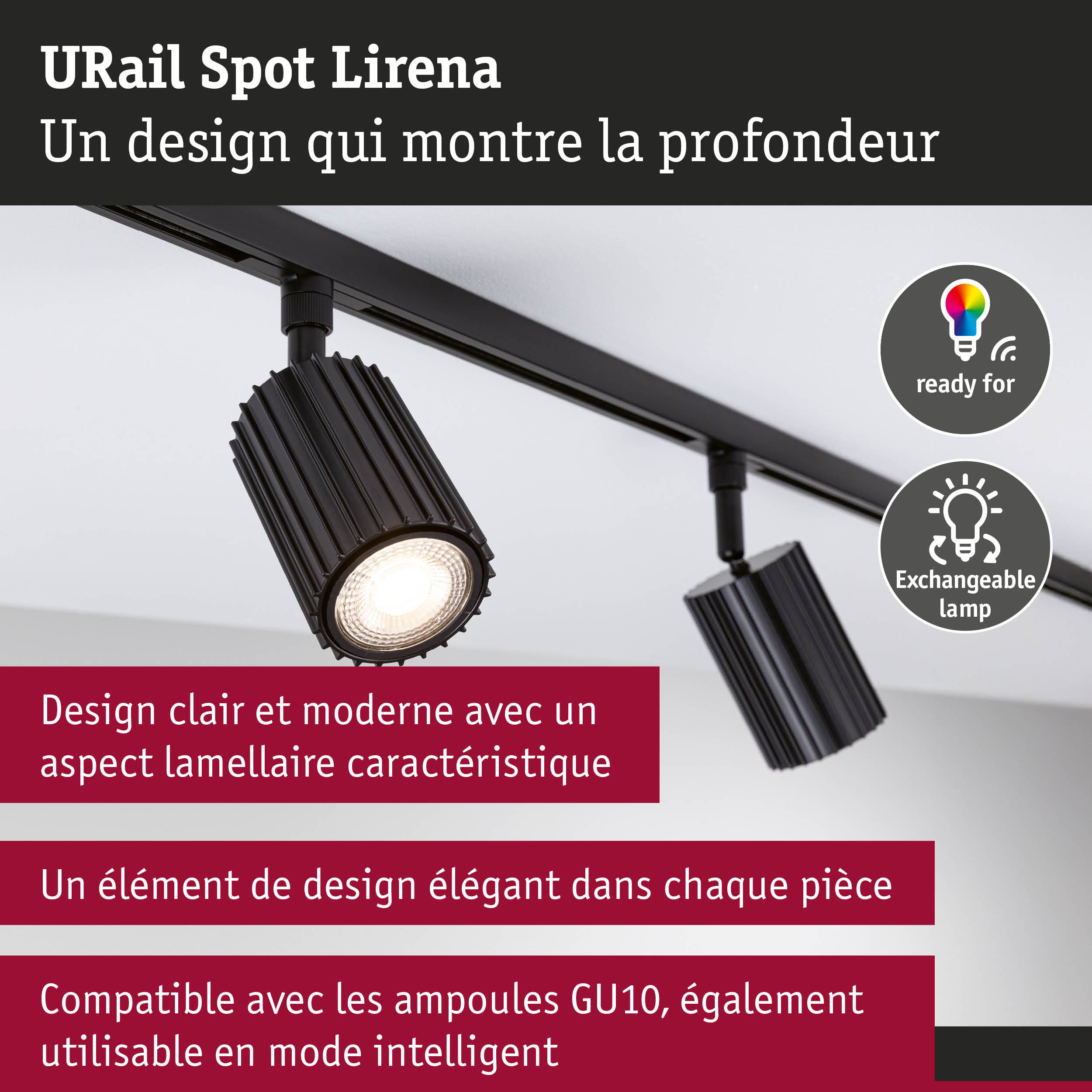 Spot URail Lirena noir en aluminium avec lampe interchangeable et ampoules LED GU10 intelligentes