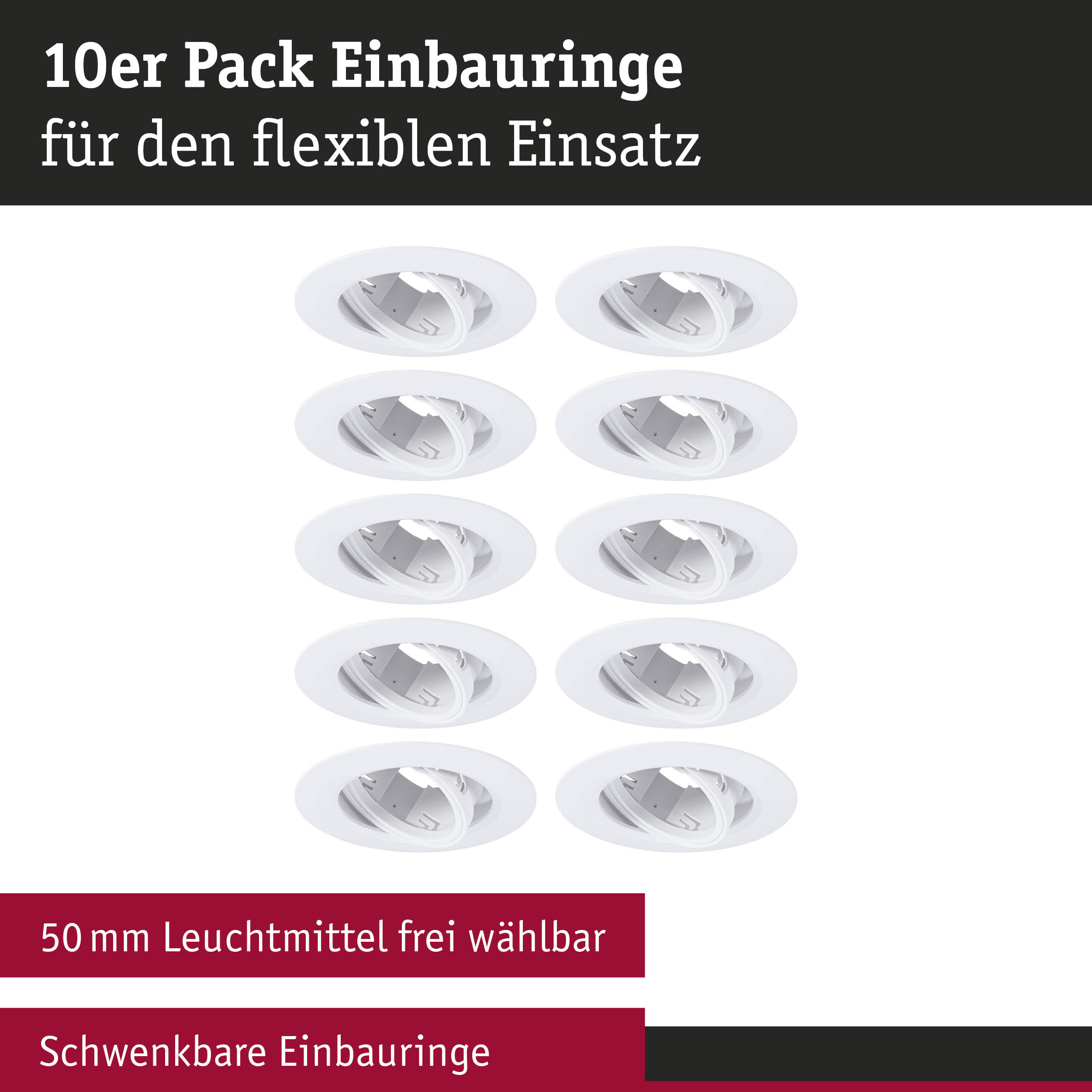 10er Pack weiße schwenkbare Einbauringe aus Kunststoff für flexible LED-Einbaustrahler