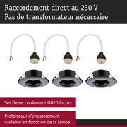 Set de trois spots encastrés noirs avec douille GU10 et câble blanc pour raccordement direct 230V