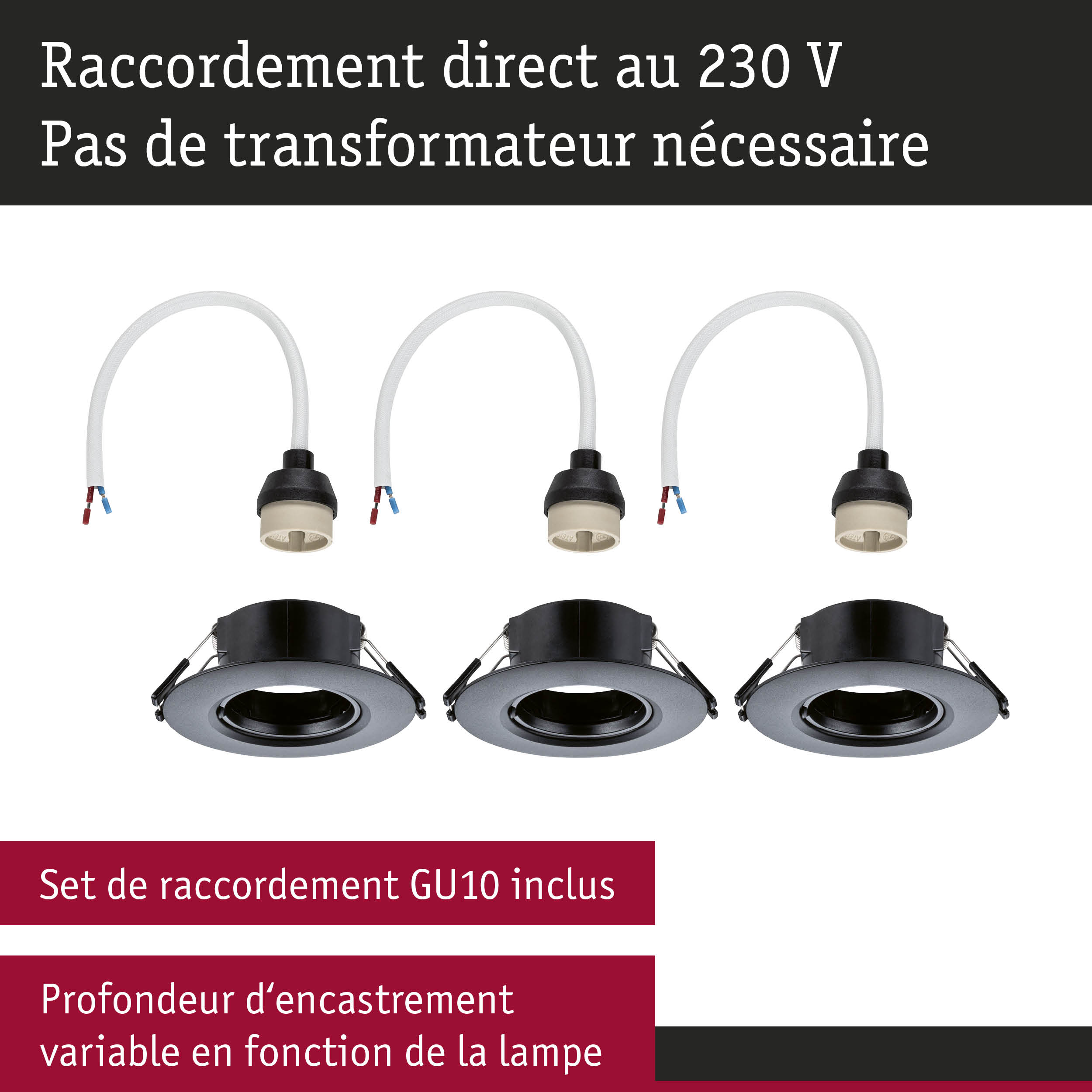 Set de trois spots encastrés noirs avec douille GU10 et câble blanc pour raccordement direct 230V
