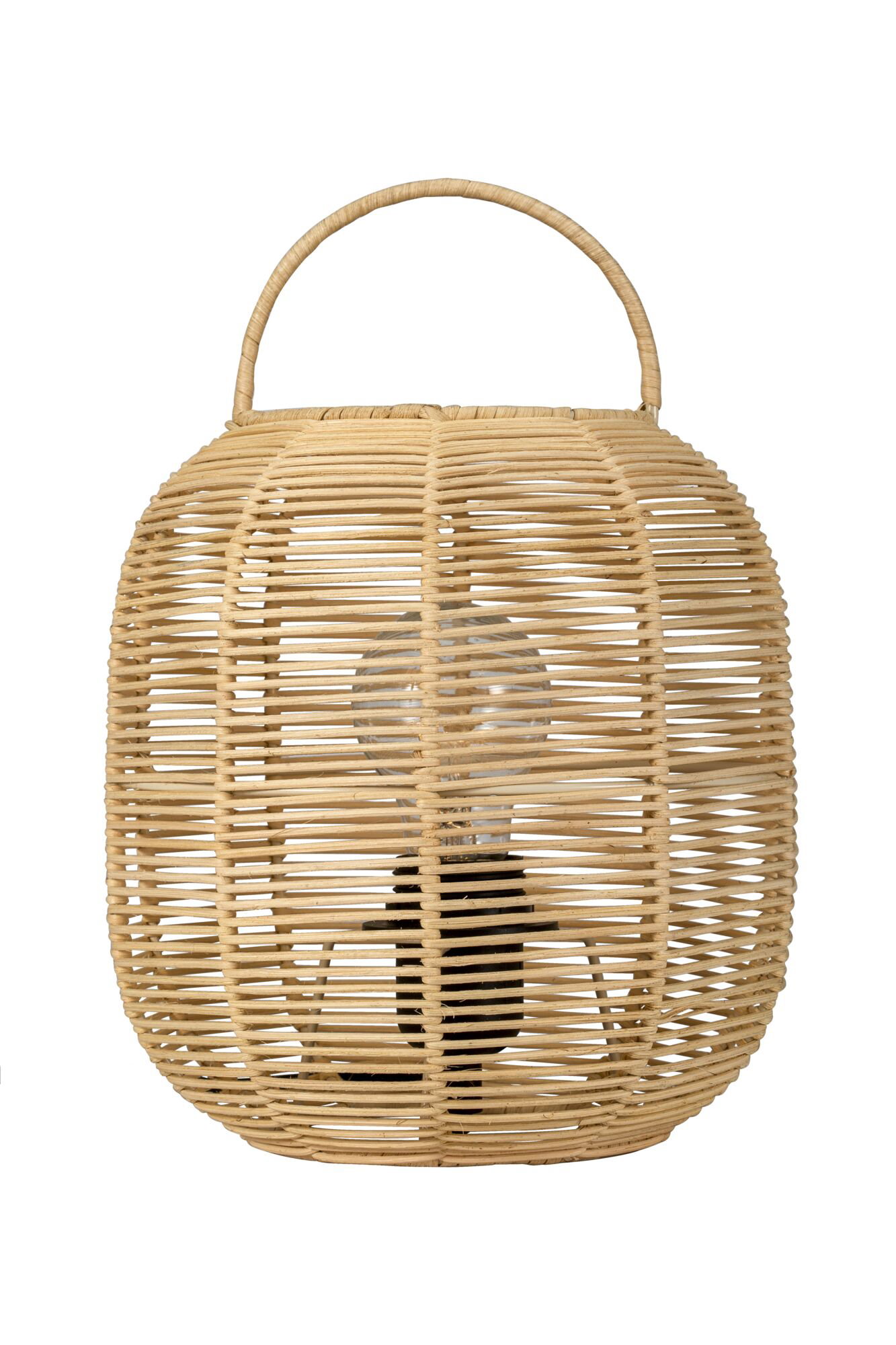 Suspension ronde en rotin naturel tressé beige avec ampoule visible
