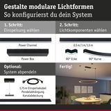 Anleitung zur Konfiguration modularer LED-Lichtsysteme mit Power Channel, Power Box und Lichtkomponenten in Schwarz.