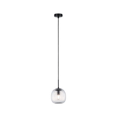 Pendant light with ribbed clear glass and black metal, modern LED hanging lamp for interiors