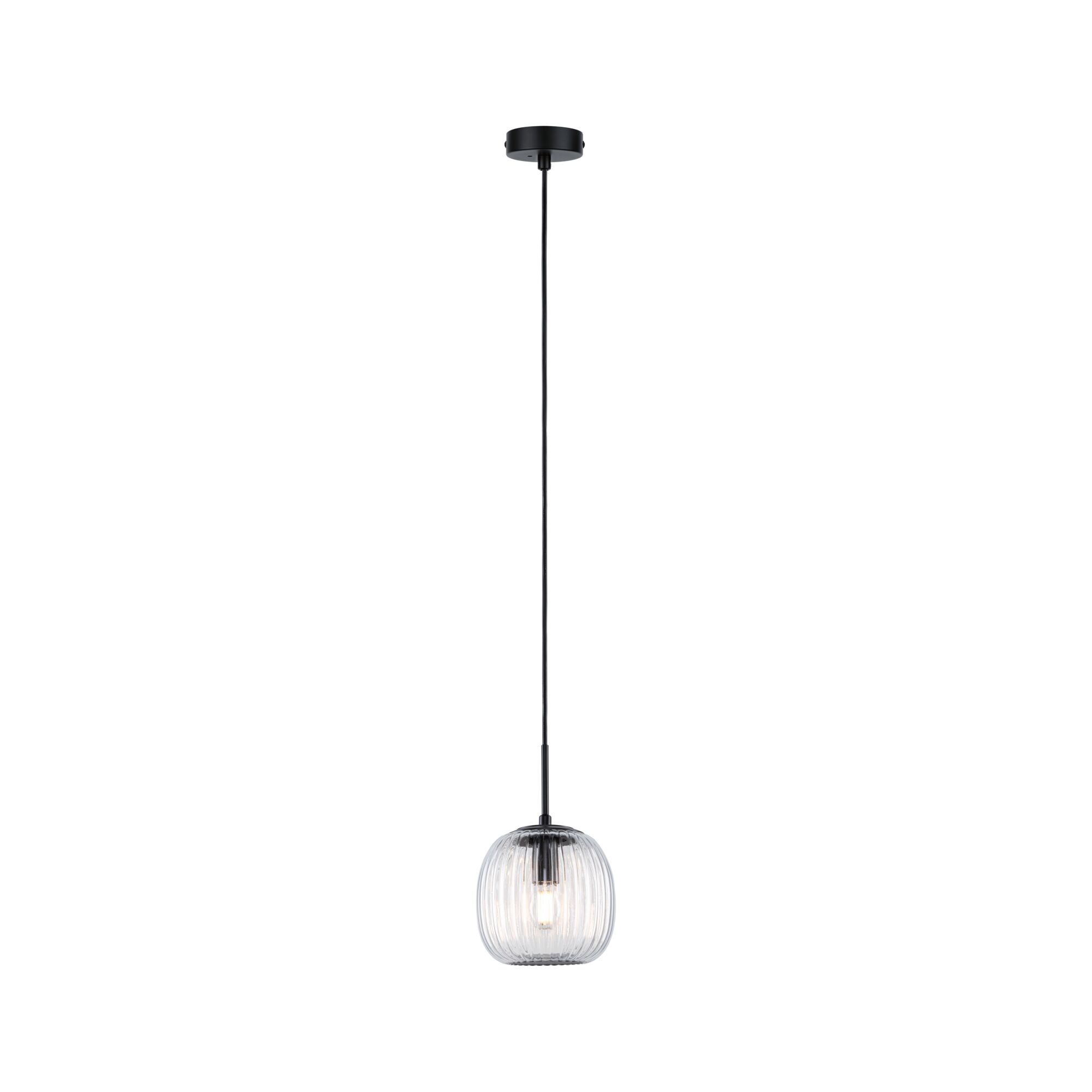 Pendant light with ribbed clear glass and black metal, modern interior lighting fixture
