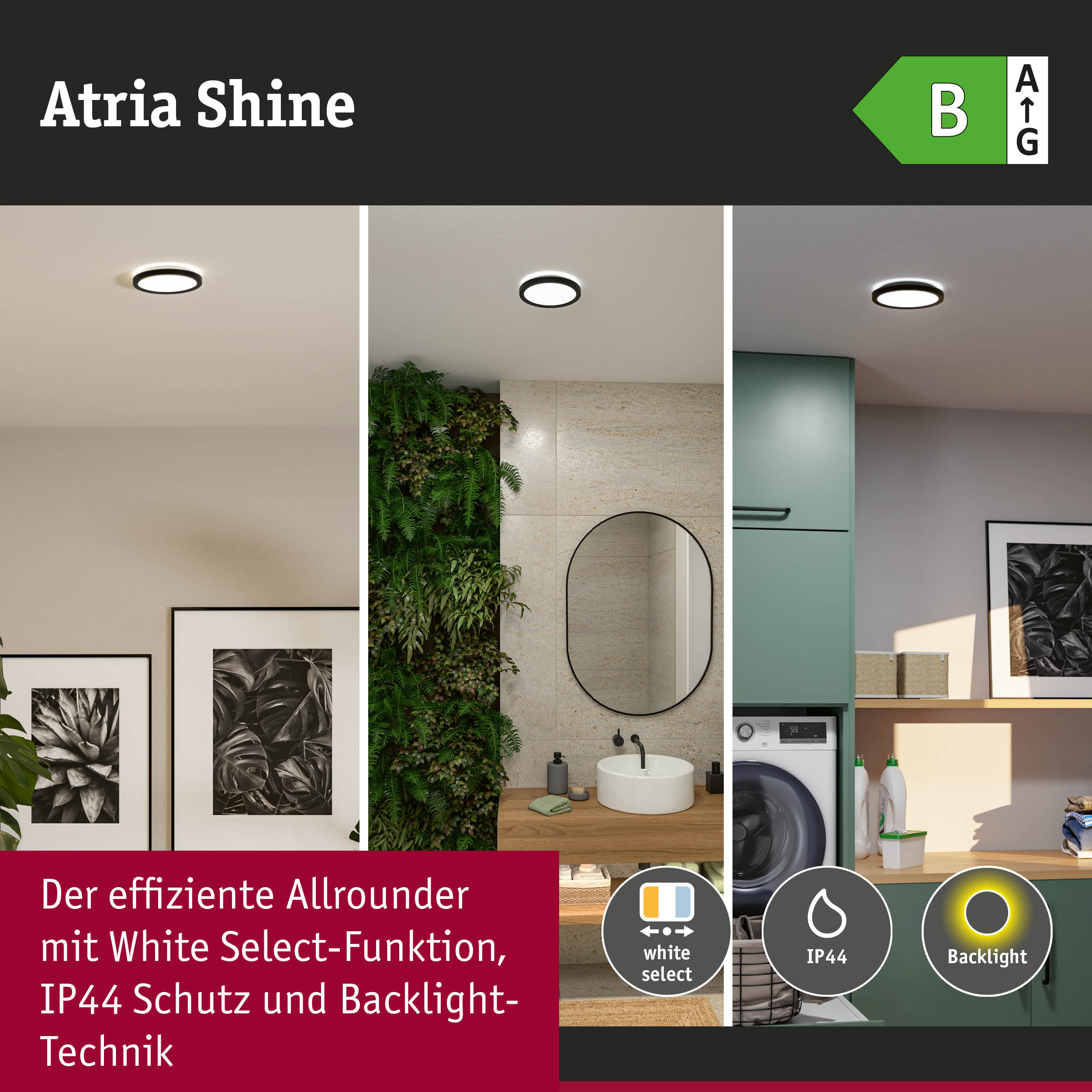 Atria Shine LED-Deckenleuchte mit schwarzem Rahmen, IP44 Schutz und White Select Funktion für Wohnräume