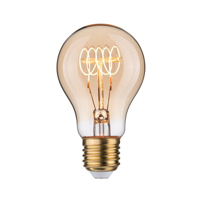Glühbirne mit sichtbarem LED-Filament in warmem Bernsteinfarbton für dekorative Beleuchtung