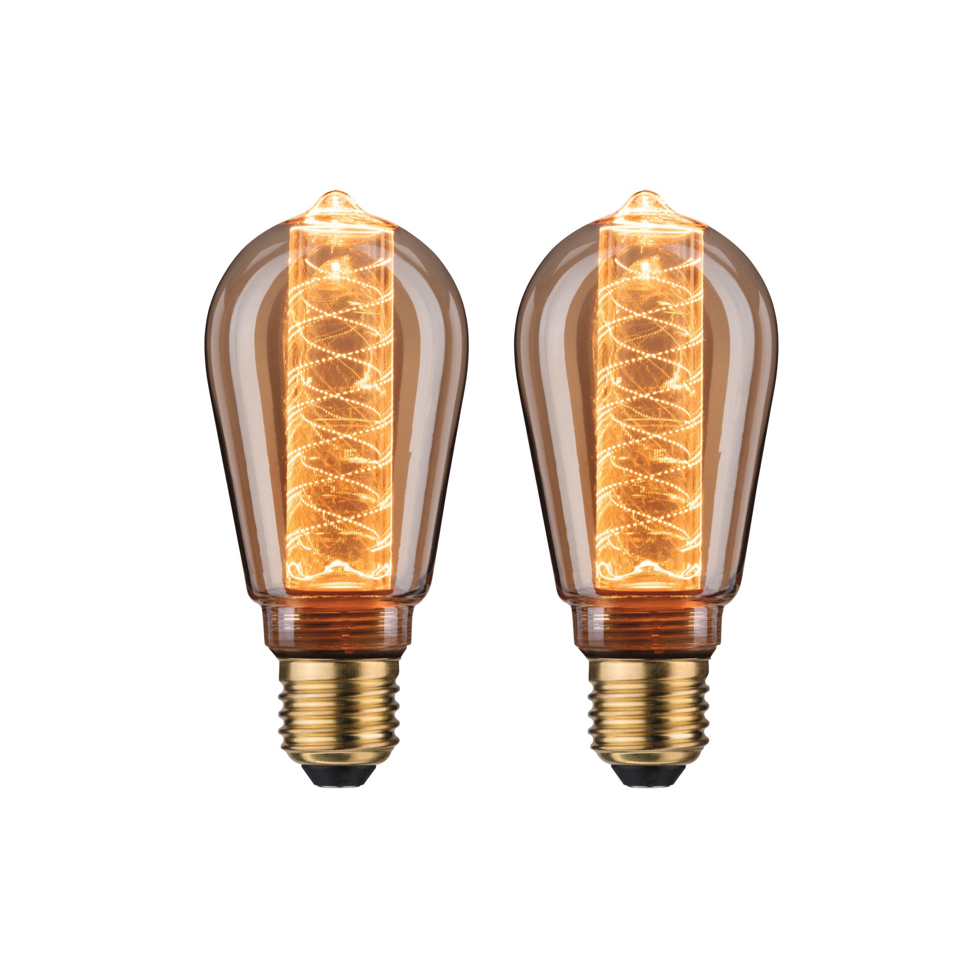 Zwei vintage LED-Glühbirnen mit Spiralfaden in bernsteinfarbenem Glas und E27 Sockel für dekorative Beleuchtung