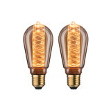 Zwei vintage LED-Glühbirnen mit Spiralfaden in bernsteinfarbenem Glas und E27 Sockel für dekorative Beleuchtung