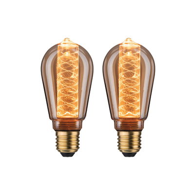 Zwei vintage LED-Glühbirnen mit Spiralfaden in bernsteinfarbenem Glas und E27 Sockel für dekorative Beleuchtung