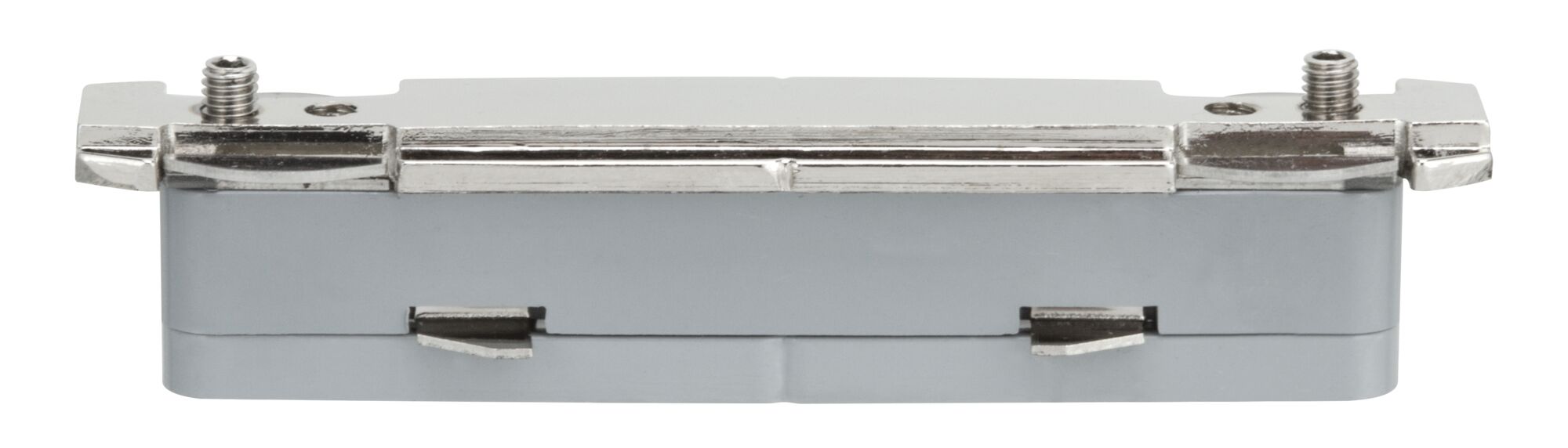 Compact grijs metalen behuizing met schroefverbindingen voor elektrische componenten.
