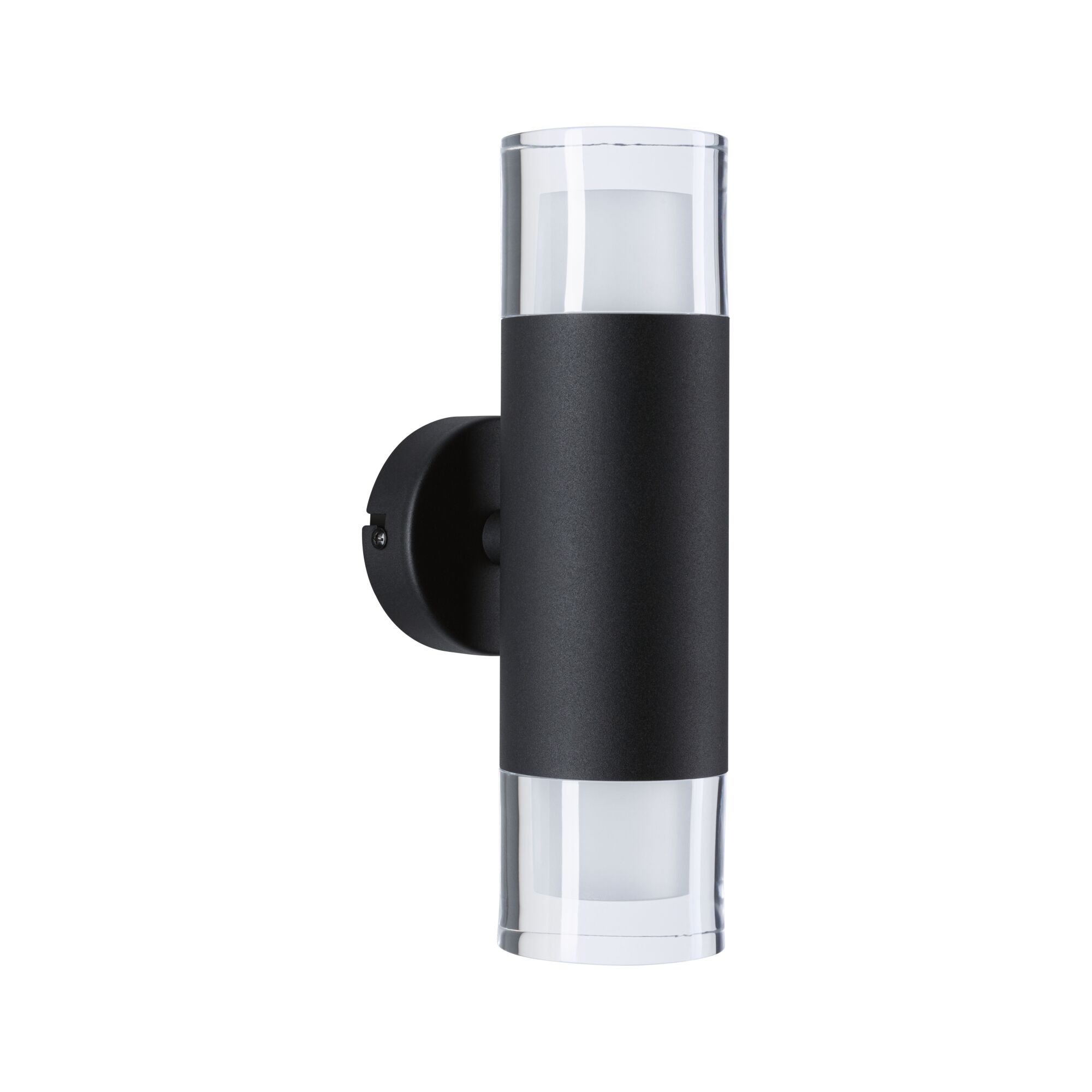 Modern black aluminum wall light with clear glass and LED lighting for outdoor use