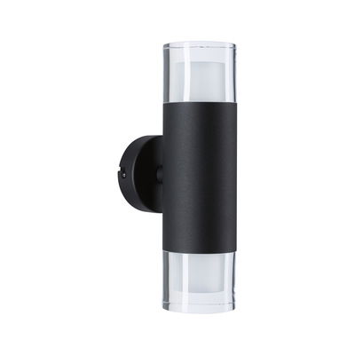 Modern black aluminium wall light with clear glass and LED lighting for outdoor use
