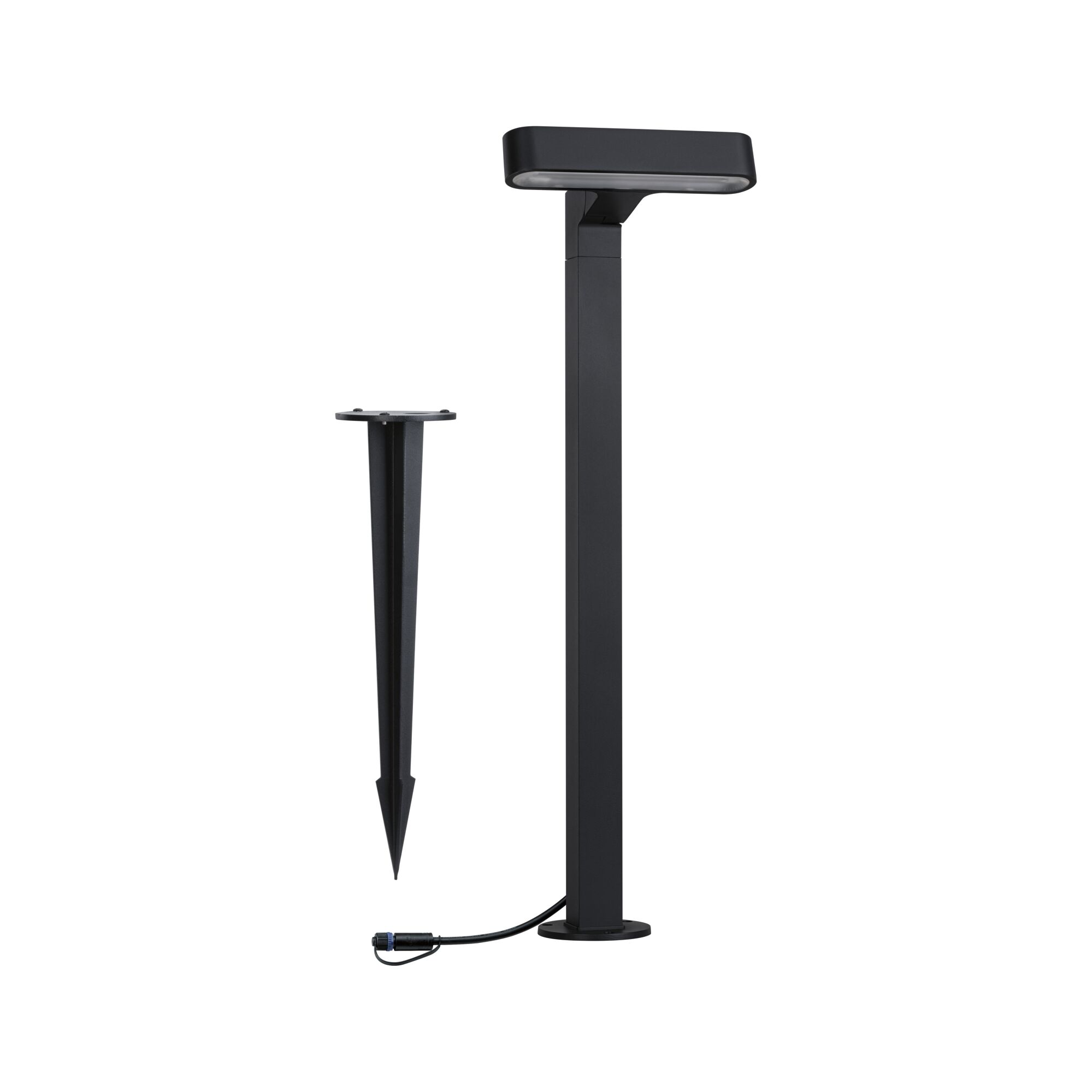 Black metal LED outdoor light with ground spike for garden and exterior lighting